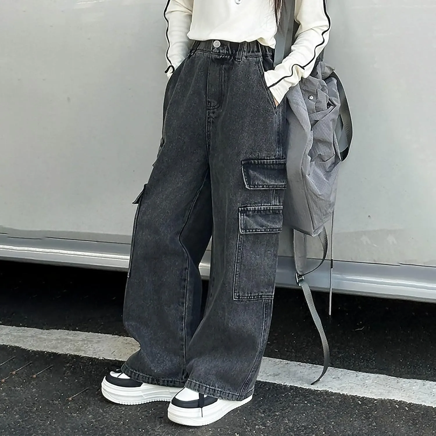 Girls Baggy Denim Jeans Elastic Pants Vintage Denim Jeans Cargo Pant Sweatpant Wide Leg Trousers Teen Pull On Leggings