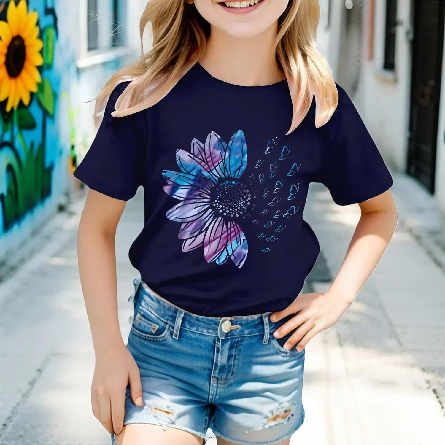 Girls Cute Graphic Tees Sunflower T-Shirt 3/4 Sleeve Aesthetic Blouse for Girls Cute Tops Crewneck T-Shirt Tees Blouses