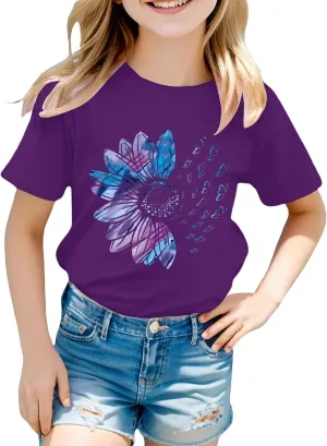 Girls Cute Graphic Tees Sunflower T-Shirt 3/4 Sleeve Aesthetic Blouse for Girls Cute Tops Crewneck T-Shirt Tees Blouses