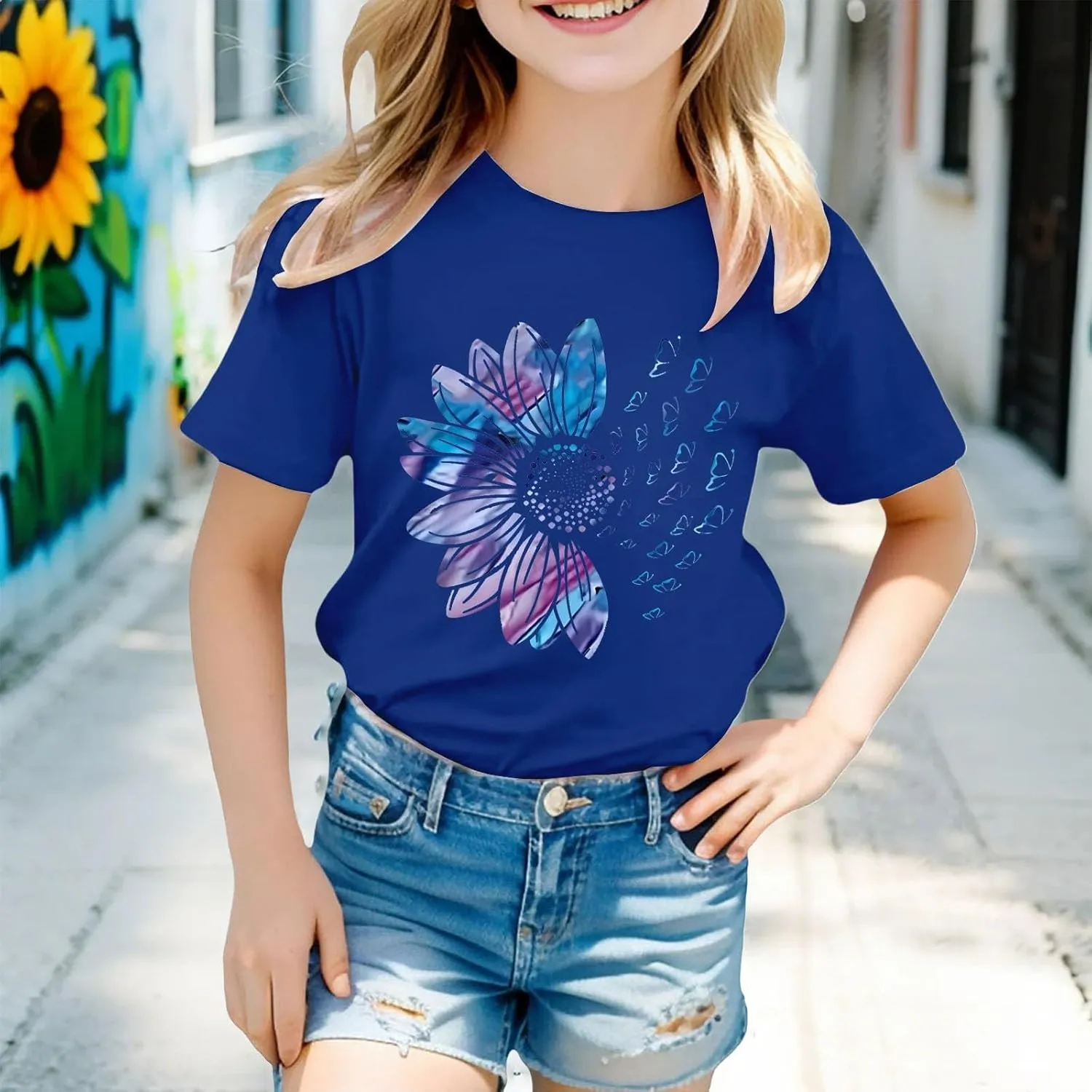 Girls Cute Graphic Tees Sunflower T-Shirt 3/4 Sleeve Aesthetic Blouse for Girls Cute Tops Crewneck T-Shirt Tees Blouses