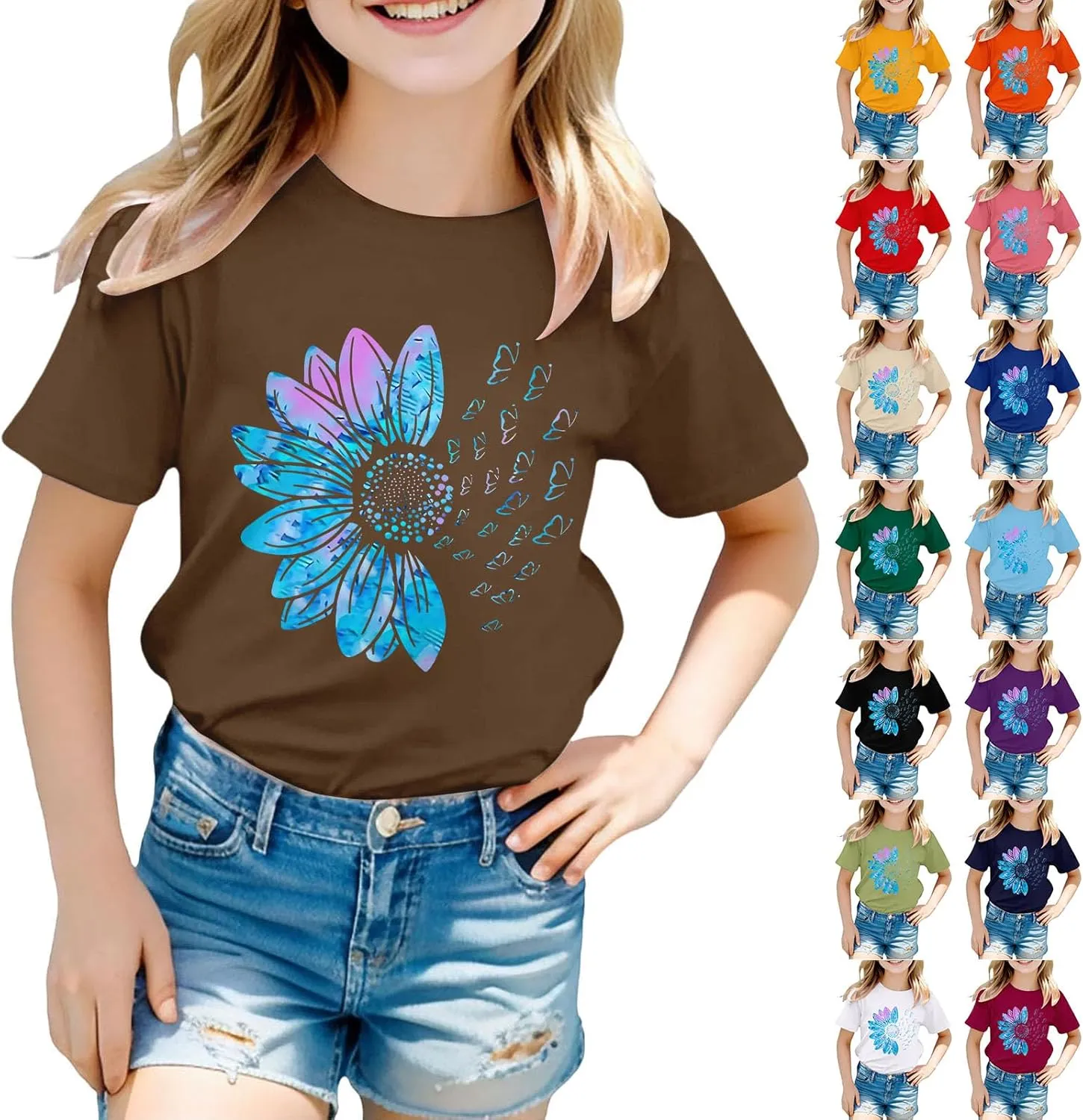 Girls Cute Graphic Tees Sunflower T-Shirt 3/4 Sleeve Aesthetic Blouse for Girls Cute Tops Crewneck T-Shirt Tees Blouses