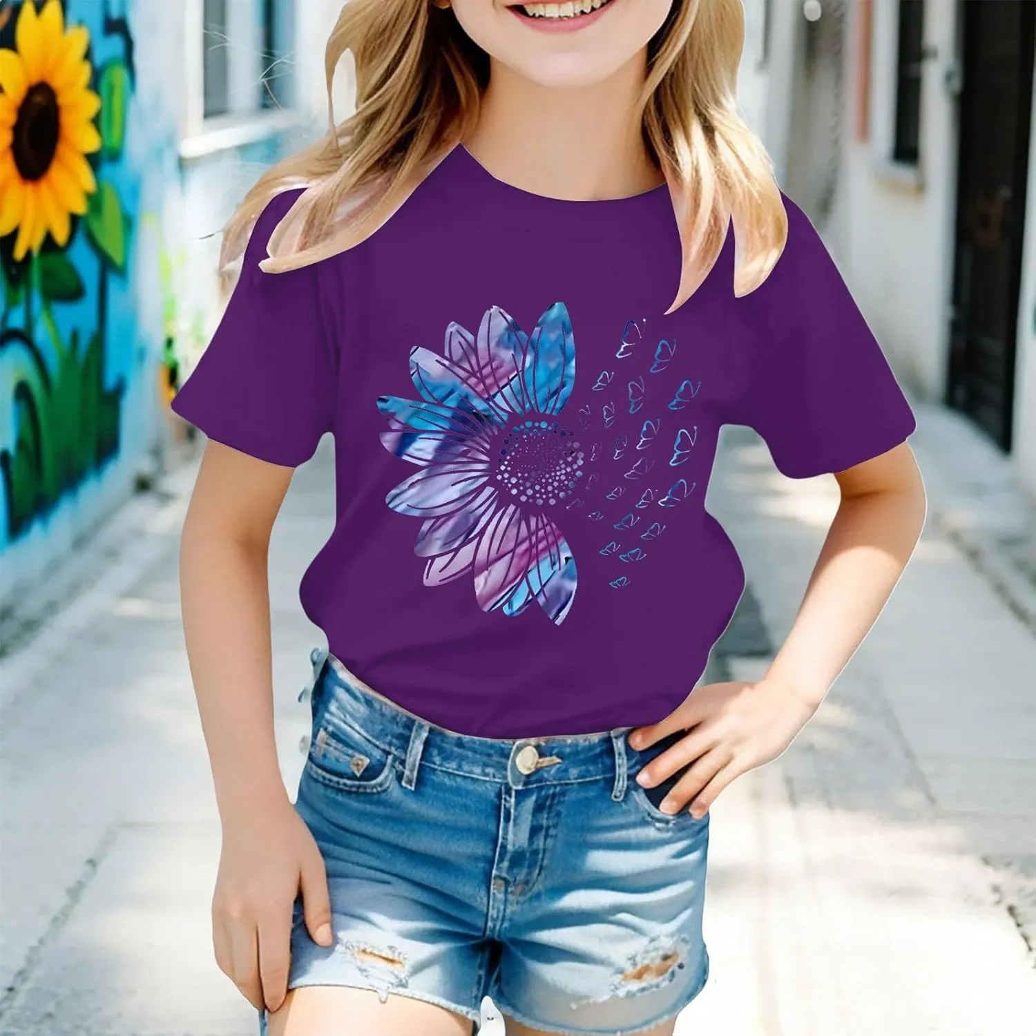 Girls Cute Graphic Tees Sunflower T-Shirt 3/4 Sleeve Aesthetic Blouse for Girls Cute Tops Crewneck T-Shirt Tees Blouses