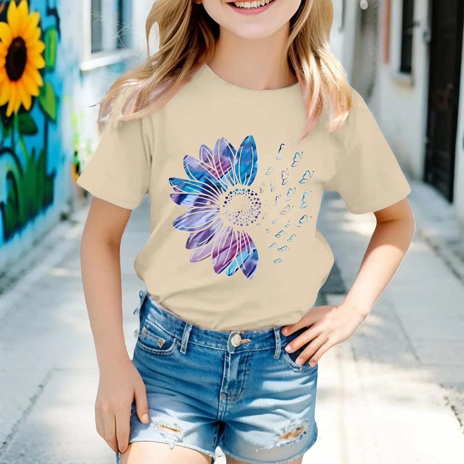 Girls Cute Graphic Tees Sunflower T-Shirt 3/4 Sleeve Aesthetic Blouse for Girls Cute Tops Crewneck T-Shirt Tees Blouses