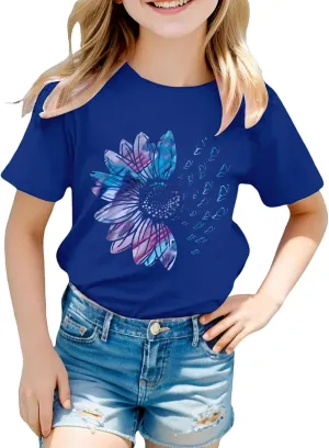 Girls Cute Graphic Tees Sunflower T-Shirt 3/4 Sleeve Aesthetic Blouse for Girls Cute Tops Crewneck T-Shirt Tees Blouses