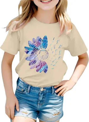 Girls Cute Graphic Tees Sunflower T-Shirt 3/4 Sleeve Aesthetic Blouse for Girls Cute Tops Crewneck T-Shirt Tees Blouses