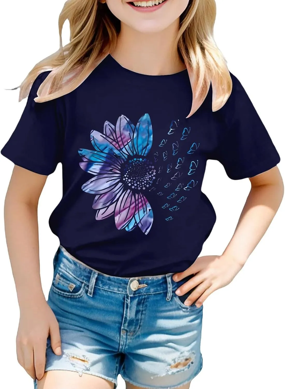 Girls Cute Graphic Tees Sunflower T-Shirt 3/4 Sleeve Aesthetic Blouse for Girls Cute Tops Crewneck T-Shirt Tees Blouses