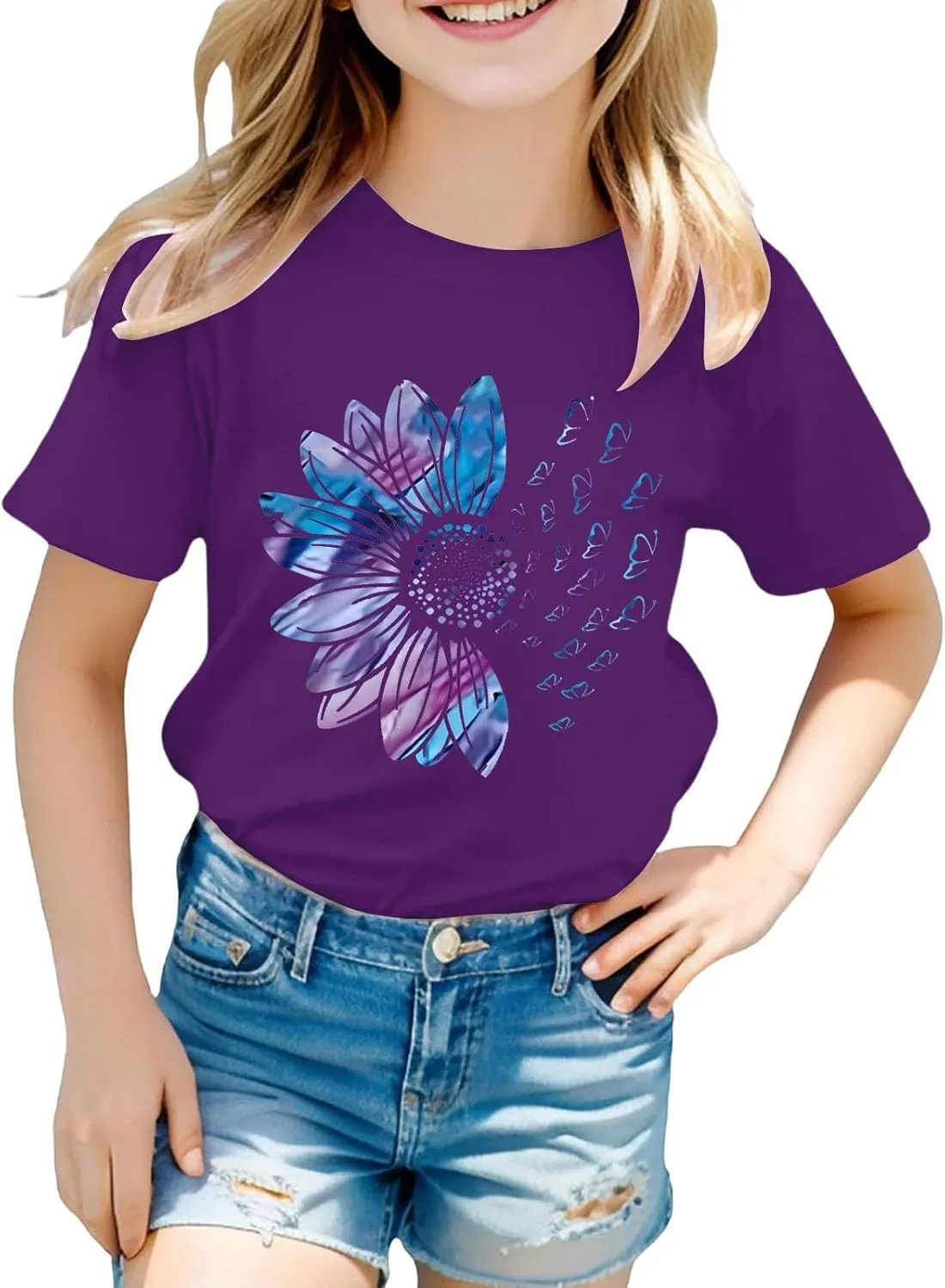 Girls Cute Graphic Tees Sunflower T-Shirt 3/4 Sleeve Aesthetic Blouse for Girls Cute Tops Crewneck T-Shirt Tees Blouses