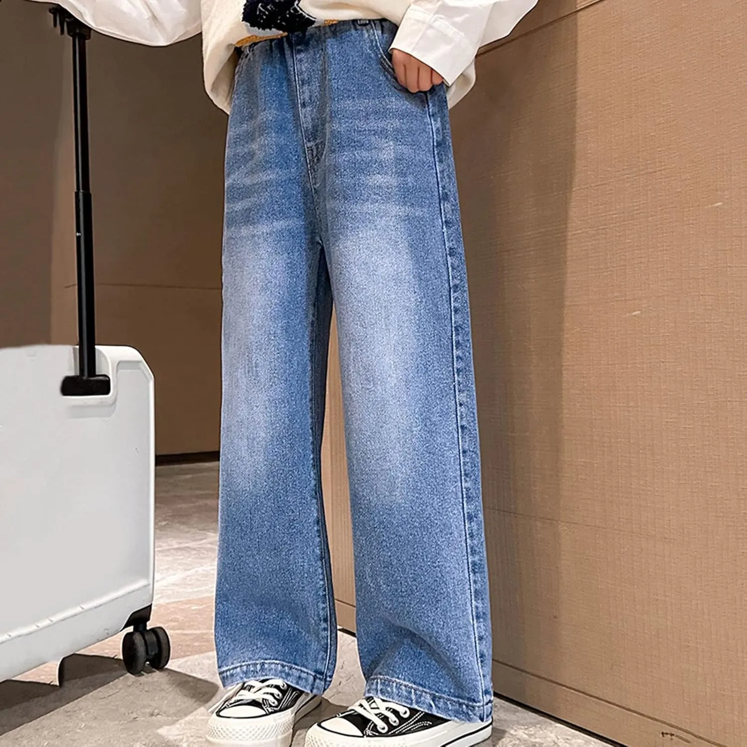 Girls Jeans Pants Wide Leg Denim Pant Ripped High Waist Elastic Band Casual Pants with Pockets Baggy Jeans for Kids