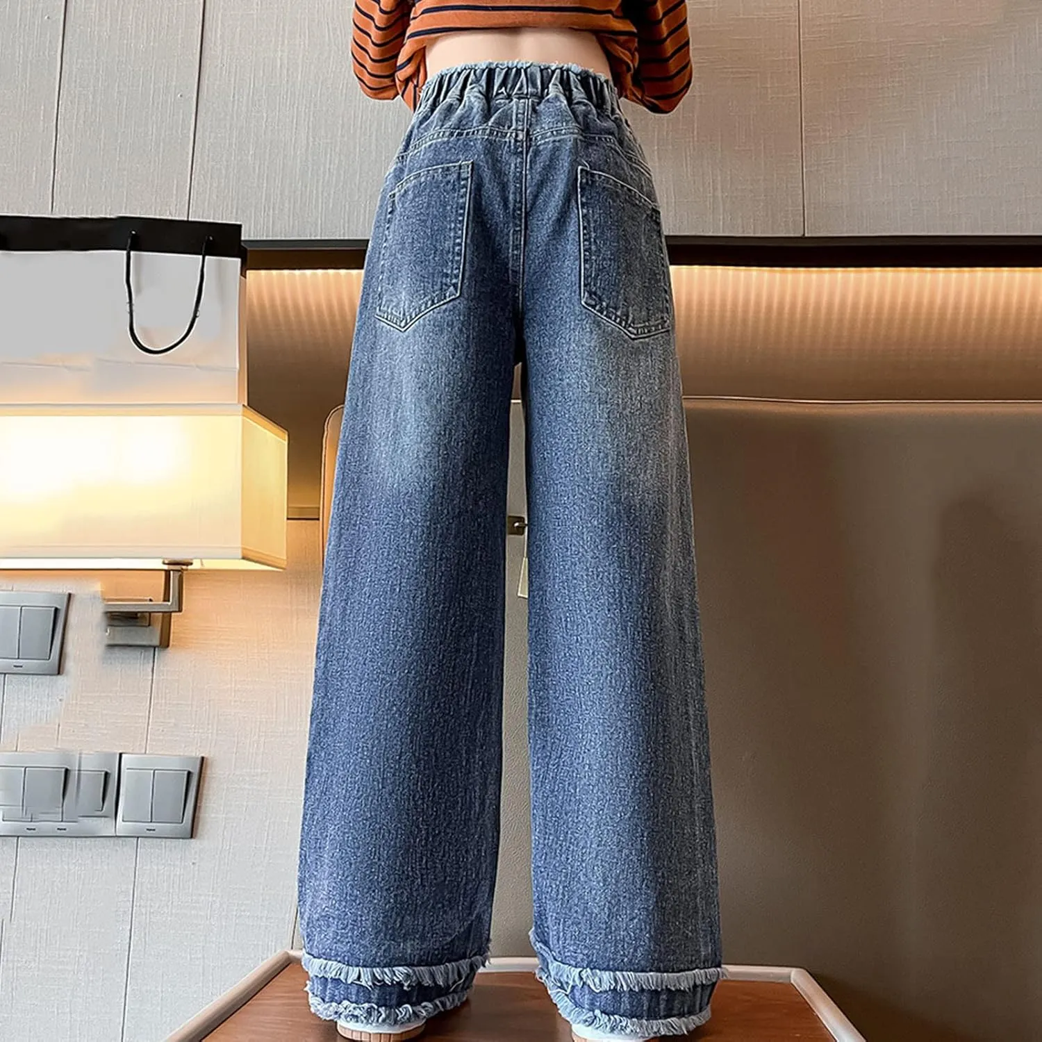 Girls Jeans Pants Wide Leg Denim Pant Ripped High Waist Elastic Band Casual Pants with Pockets Baggy Jeans for Kids