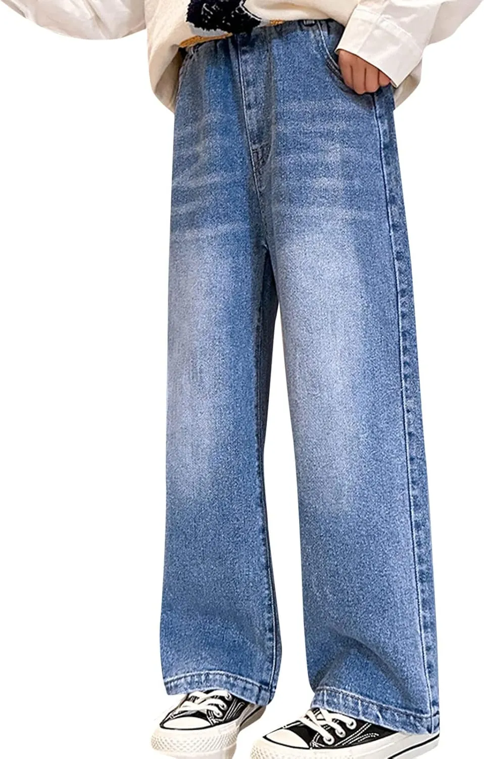 Girls Jeans Pants Wide Leg Denim Pant Ripped High Waist Elastic Band Casual Pants with Pockets Baggy Jeans for Kids