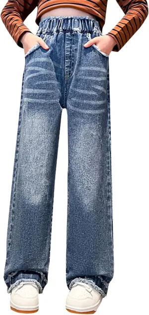 Girls Jeans Pants Wide Leg Denim Pant Ripped High Waist Elastic Band Casual Pants with Pockets Baggy Jeans for Kids
