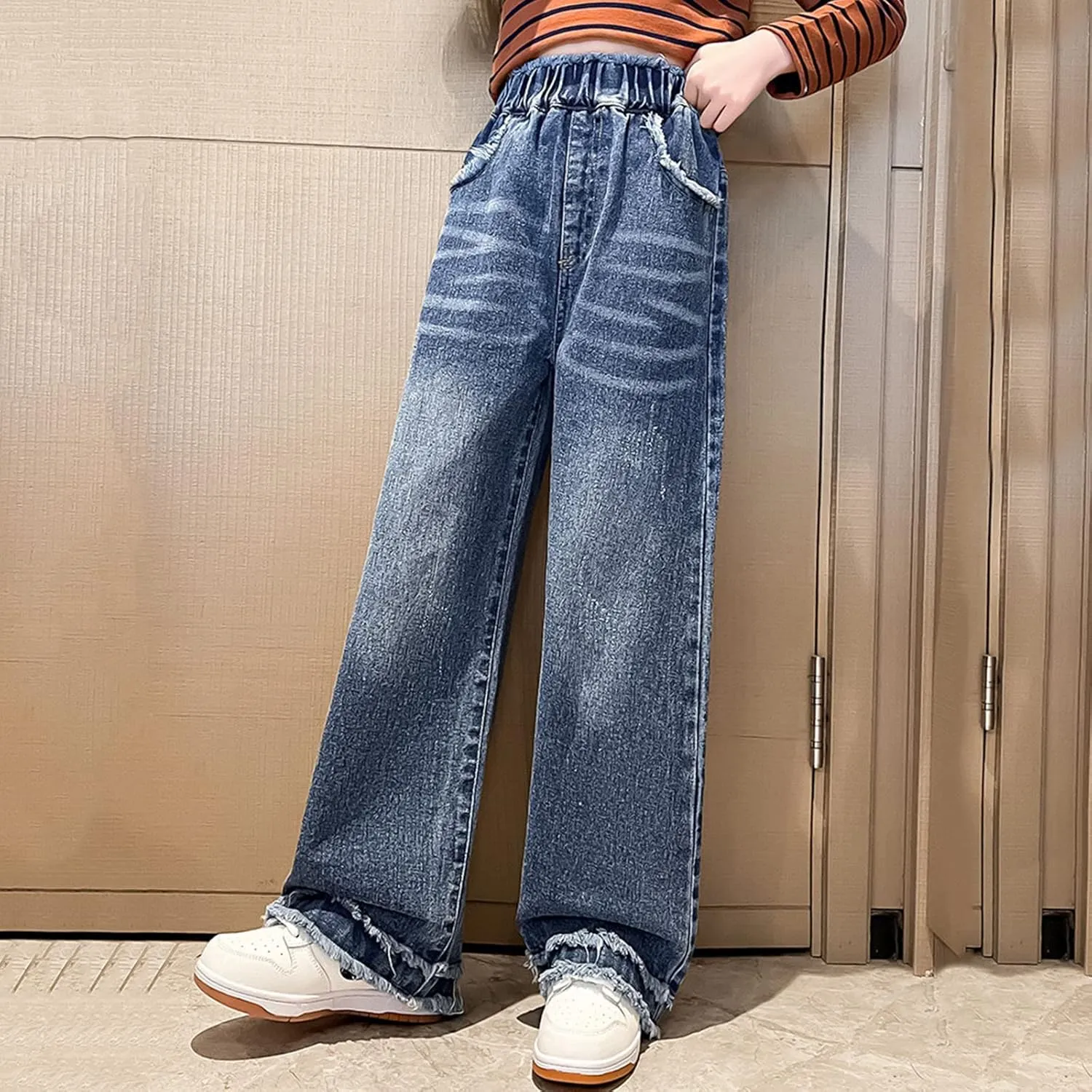Girls Jeans Pants Wide Leg Denim Pant Ripped High Waist Elastic Band Casual Pants with Pockets Baggy Jeans for Kids