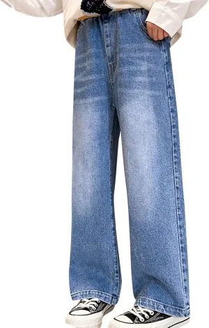 Girls Jeans Pants Wide Leg Denim Pant Ripped High Waist Elastic Band Casual Pants with Pockets Baggy Jeans for Kids