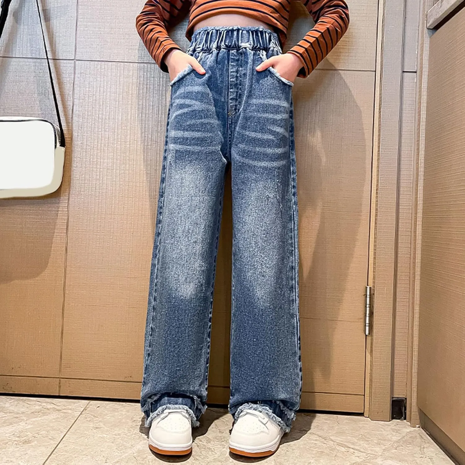 Girls Jeans Pants Wide Leg Denim Pant Ripped High Waist Elastic Band Casual Pants with Pockets Baggy Jeans for Kids