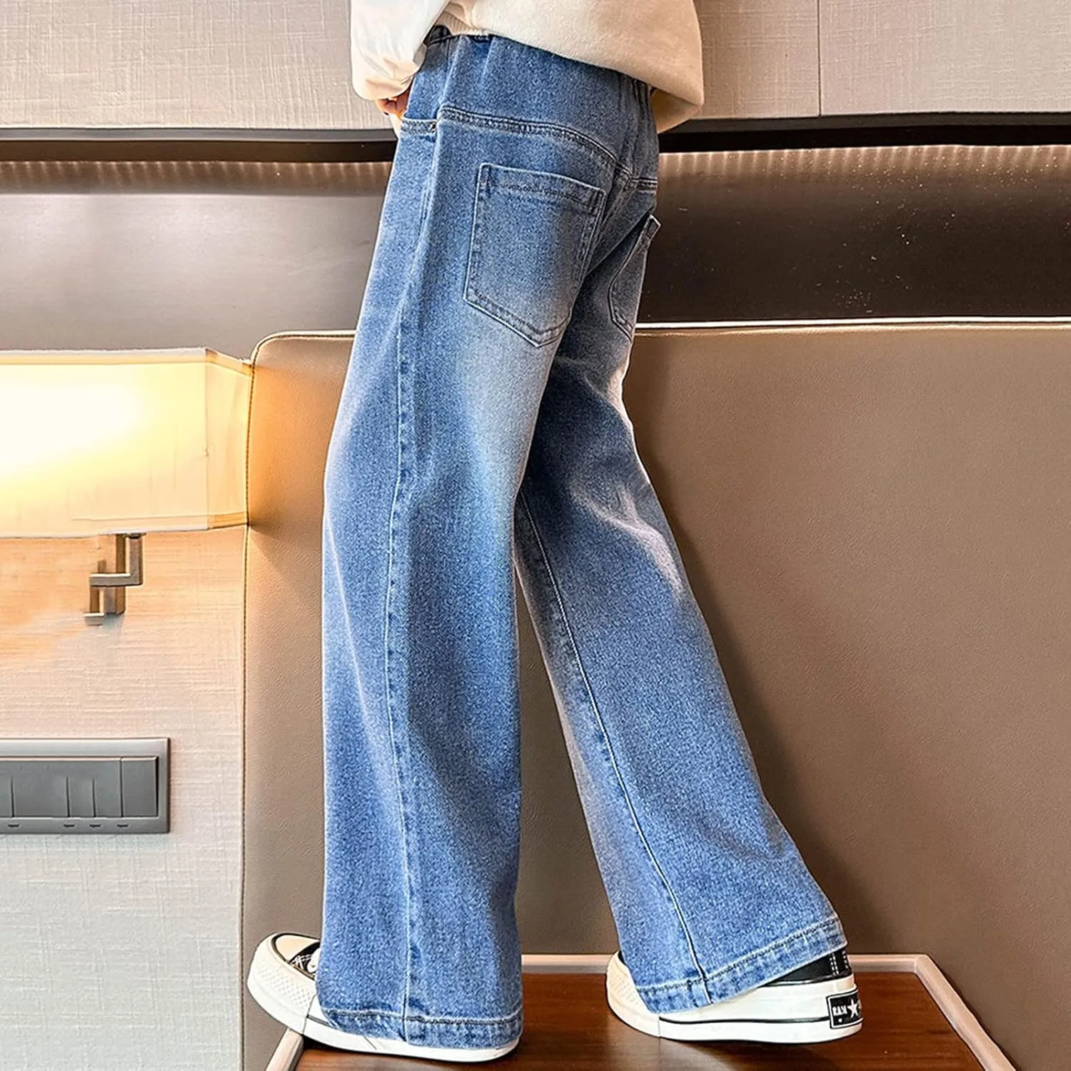 Girls Jeans Pants Wide Leg Denim Pant Ripped High Waist Elastic Band Casual Pants with Pockets Baggy Jeans for Kids