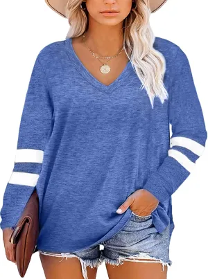 Gloria&Sarah Womens Plus Size Tops V Neck T Shirt Color Block Long Sleeve Casual Tunic Tops