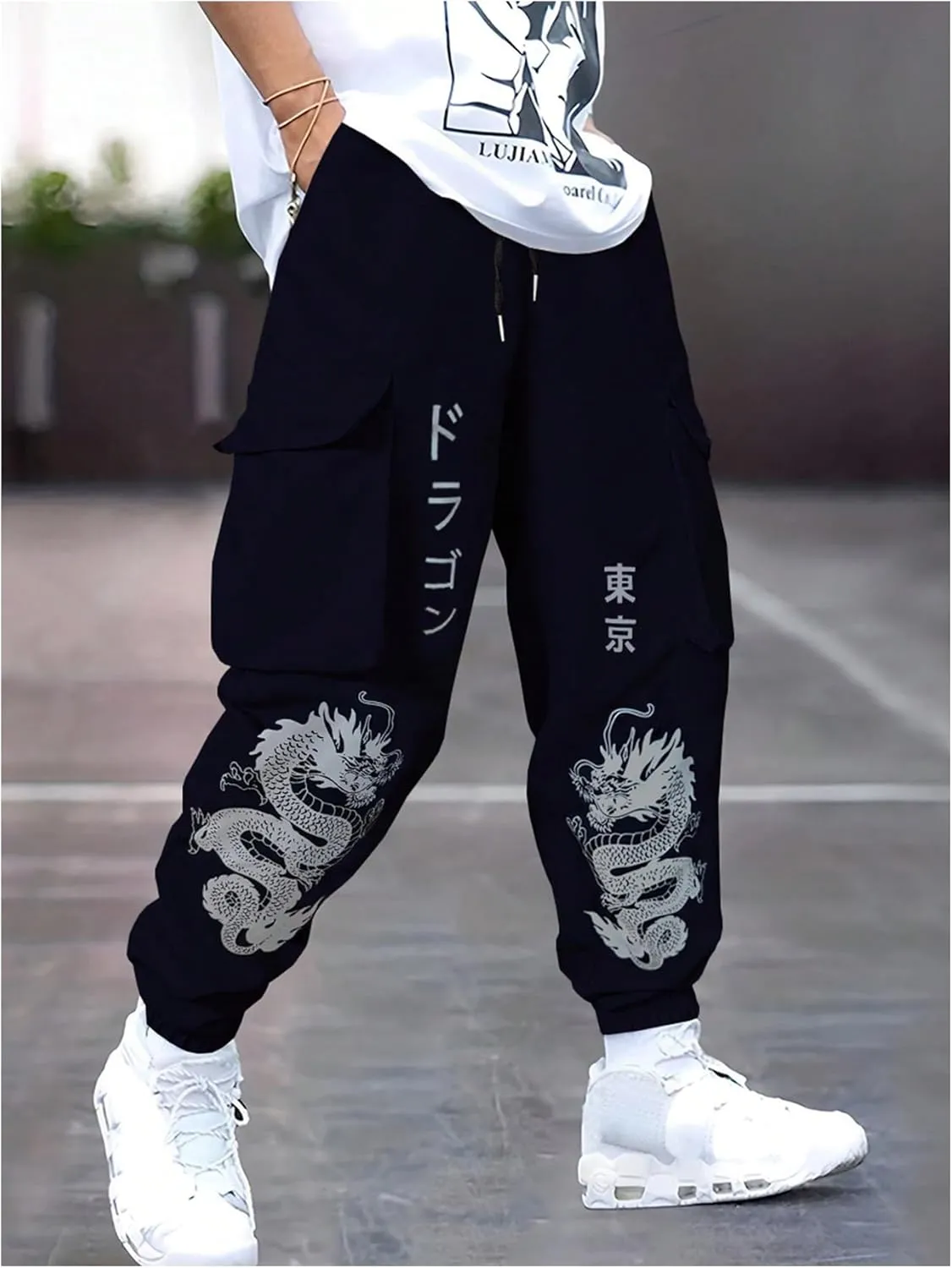GORGLITTER Men's Japanese Pants Graphic Cargo Joggers Pants Stacked Sweatpants Y2K Streetwear