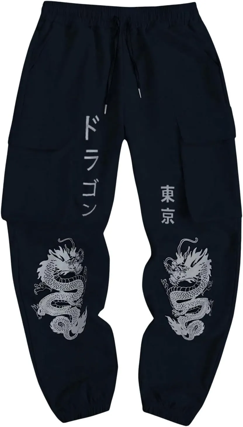 GORGLITTER Men's Japanese Pants Graphic Cargo Joggers Pants Stacked Sweatpants Y2K Streetwear