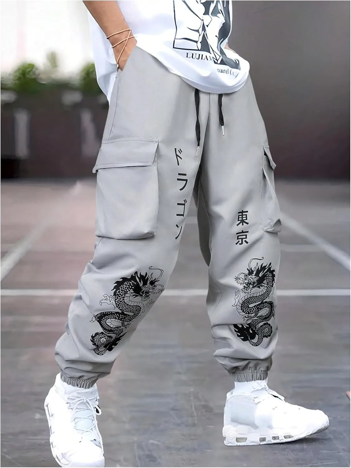 GORGLITTER Men's Japanese Pants Graphic Cargo Joggers Pants Stacked Sweatpants Y2K Streetwear