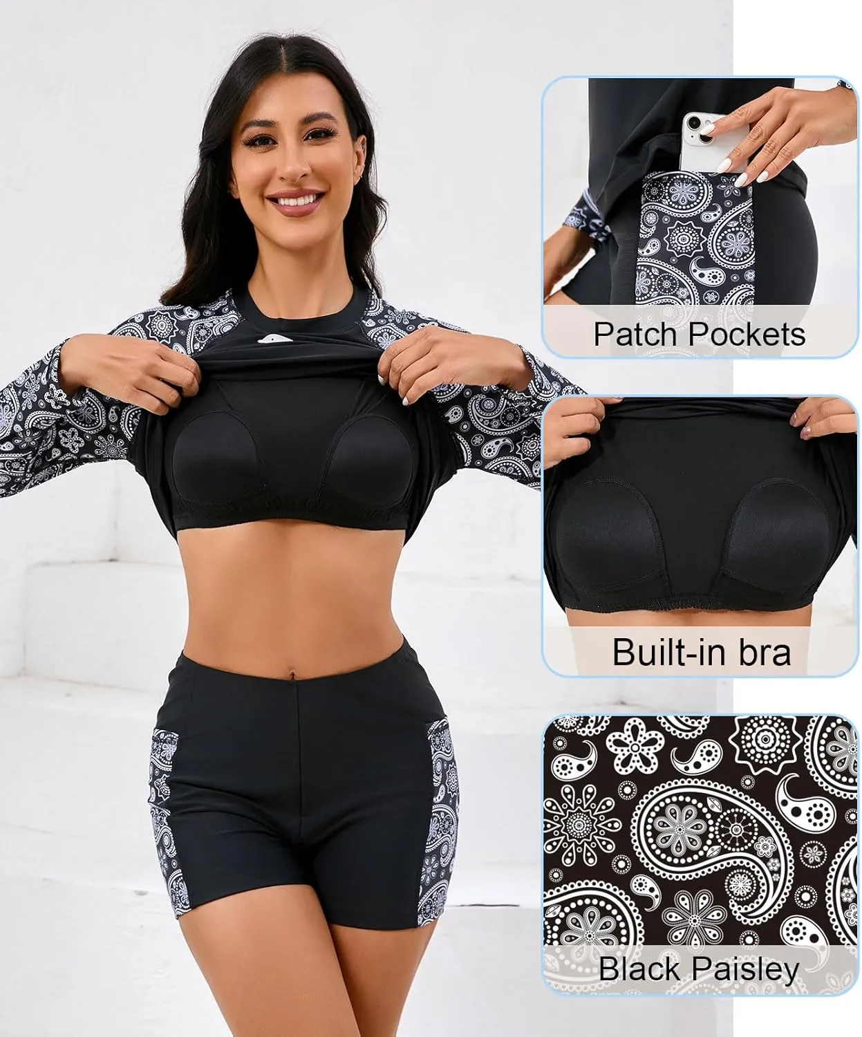 Halcurt Women's Built in Bra Rash Guard Long Sleeve Swimwear UPF 50 Two Piece Swim Shorts and Tops