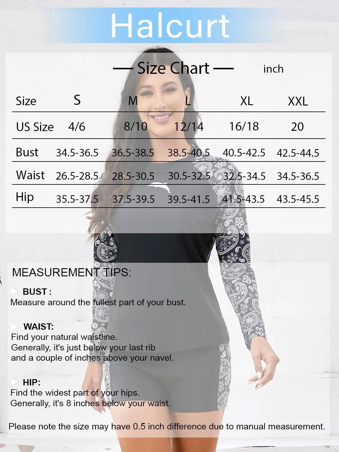 Halcurt Women's Built in Bra Rash Guard Long Sleeve Swimwear UPF 50 Two Piece Swim Shorts and Tops