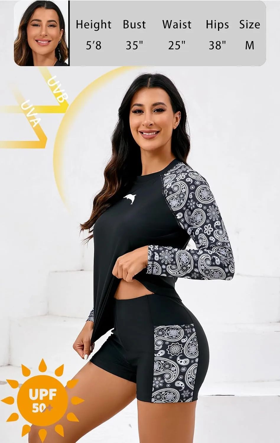Halcurt Women's Built in Bra Rash Guard Long Sleeve Swimwear UPF 50 Two Piece Swim Shorts and Tops