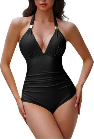 Halter One Piece Swimsuits for Women V Neck Backless Trendy Bathing Suits Tummy Control Slimming Swimwear