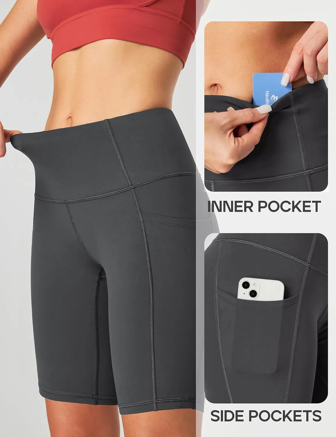 Heathyoga 8" Biker Shorts Women with 3 Pockets Tummy Control Workout Shorts Women Atheltic Spandex Shorts for Yoga Gym