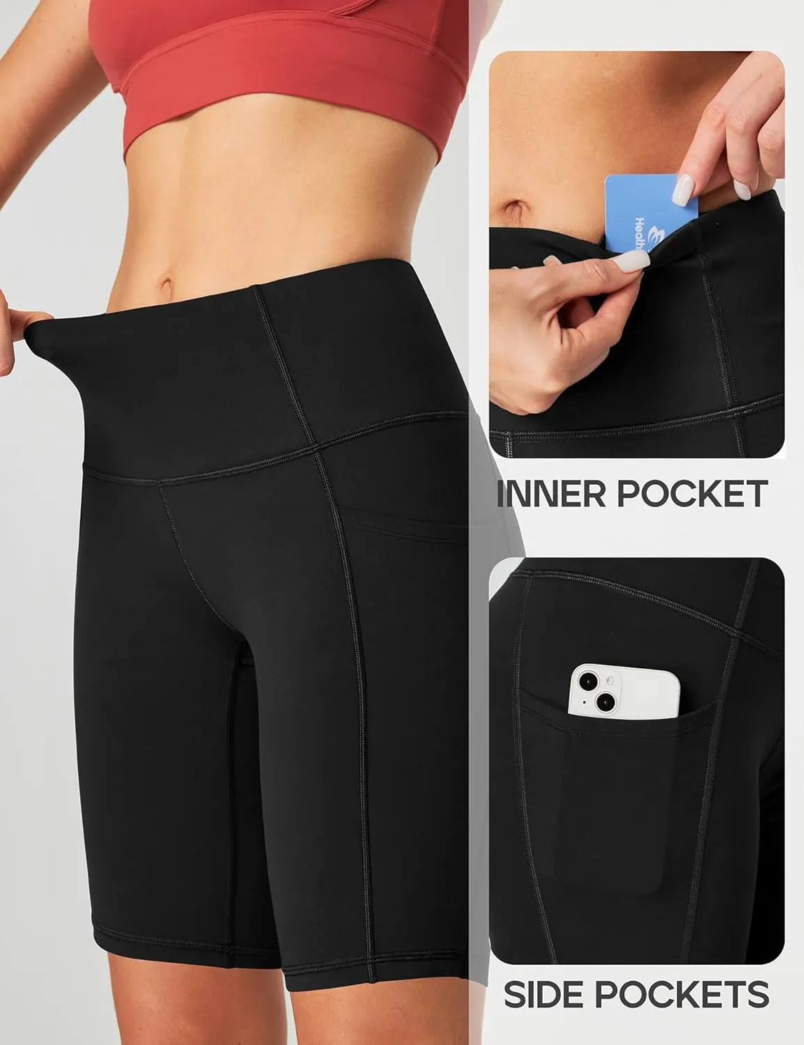 Heathyoga 8" Biker Shorts Women with 3 Pockets Tummy Control Workout Shorts Women Atheltic Spandex Shorts for Yoga Gym