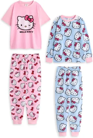 Hello Kitty Girls Pajama Set Pack of 2 | Kids Blue & Pink Kitty White Graphic Short Sleeve Top & Long Leg PJ Bottoms