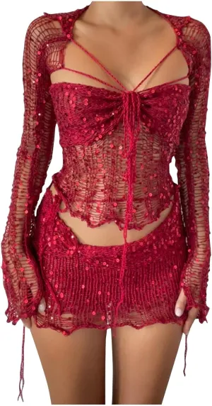 hlysgo Women Sequin Skirt And Crochet Tops Set Y2k Knitted Mesh Crop Tops Sexy Sparkle Mini Short Skirt 2 Piece Outfits