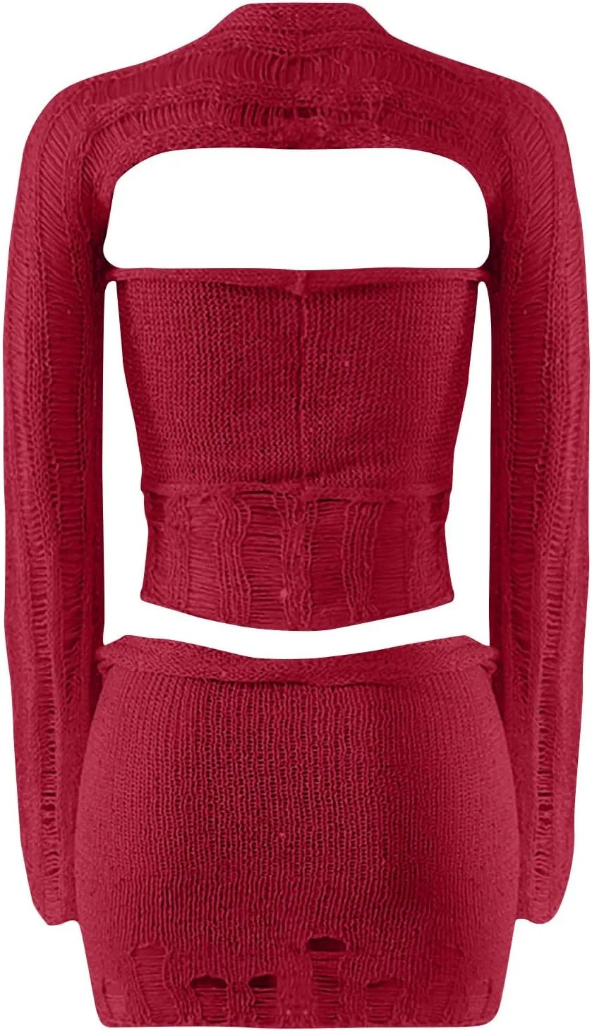 hlysgo Women Sequin Skirt And Crochet Tops Set Y2k Knitted Mesh Crop Tops Sexy Sparkle Mini Short Skirt 2 Piece Outfits