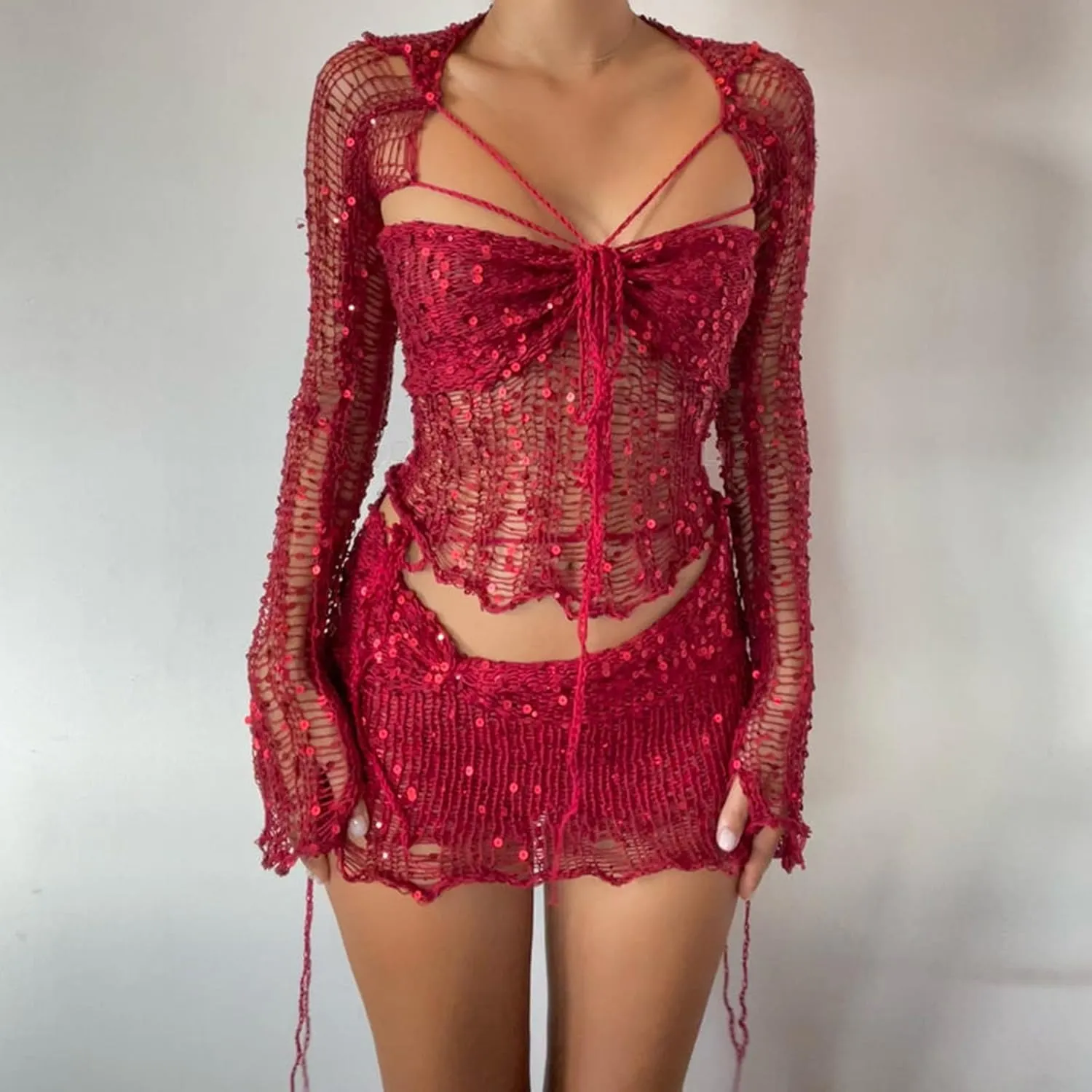 hlysgo Women Sequin Skirt And Crochet Tops Set Y2k Knitted Mesh Crop Tops Sexy Sparkle Mini Short Skirt 2 Piece Outfits