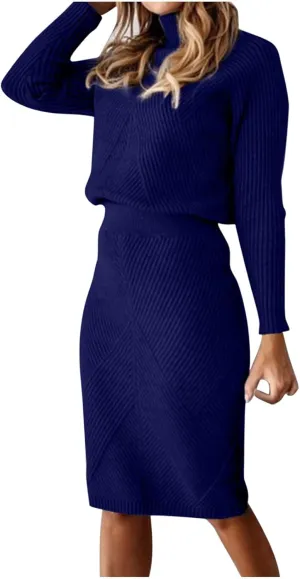 hlysgo Women's 2 Piece Sweater Set Casual Rib Knit Long Sleeve Turtleneck Sweater Tops and Midi Bodycon Skirts Lounge Set