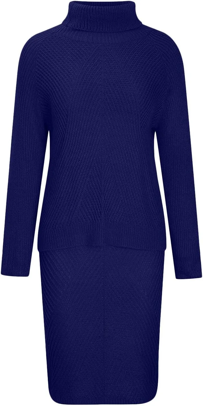 hlysgo Women's 2 Piece Sweater Set Casual Rib Knit Long Sleeve Turtleneck Sweater Tops and Midi Bodycon Skirts Lounge Set