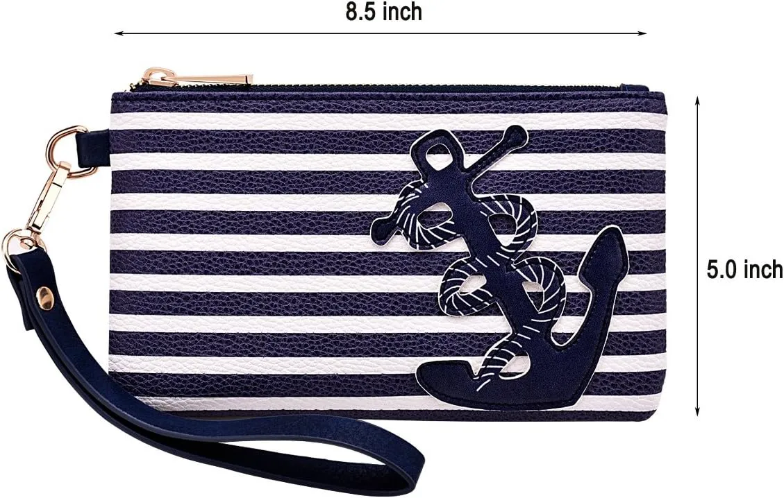 inOne PU Nautical Anchor Purse, 8.5"x5.0" Wristlet Bag Zip Coin Pouch