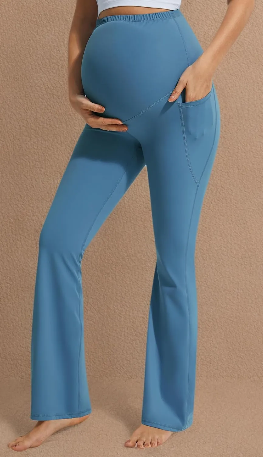 JOYSPELS Smooth Feeling Flare Maternity Leggings Over The Belly with Pockets Soft Bootcut Pregnancy Yoga Pants