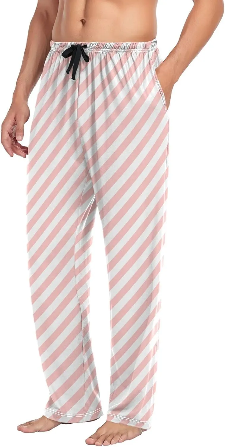 JUNZAN Pink White Twill Pajama Bottoms for Men with Pockets Warm Pyjama Pants Mens for Winter Xmas Presents S