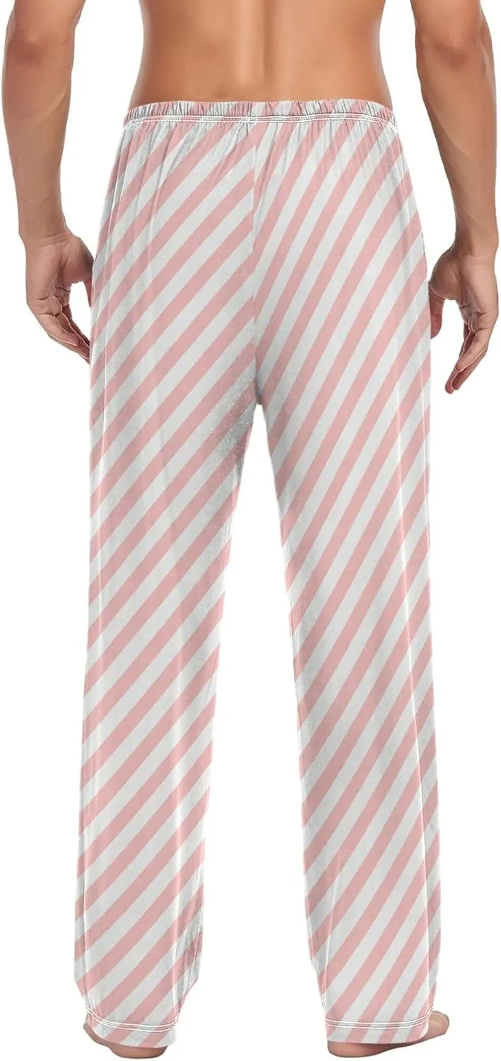 JUNZAN Pink White Twill Pajama Bottoms for Men with Pockets Warm Pyjama Pants Mens for Winter Xmas Presents S