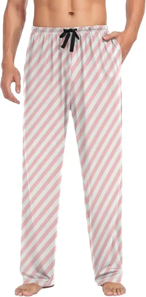 JUNZAN Pink White Twill Pajama Bottoms for Men with Pockets Warm Pyjama Pants Mens for Winter Xmas Presents S