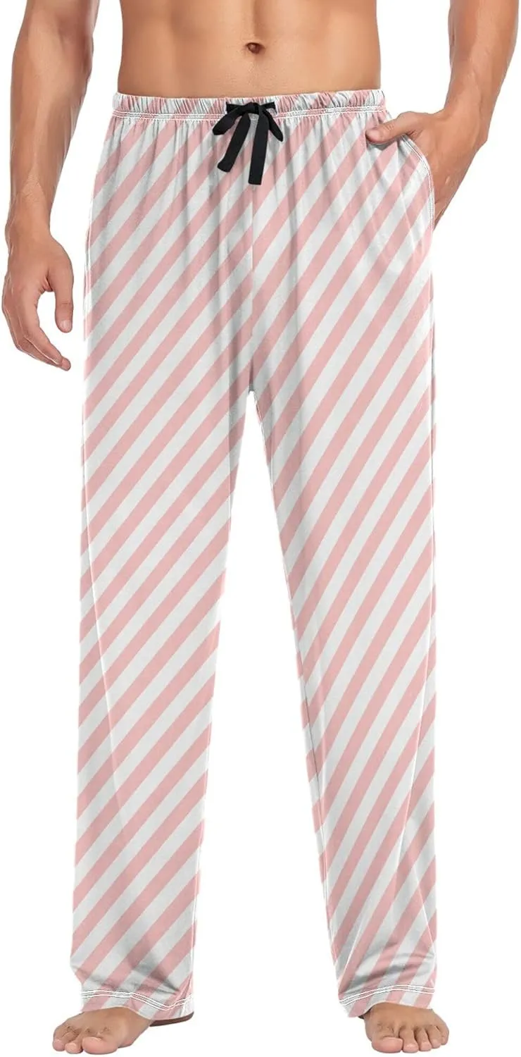 JUNZAN Pink White Twill Pajama Bottoms for Men with Pockets Warm Pyjama Pants Mens for Winter Xmas Presents S