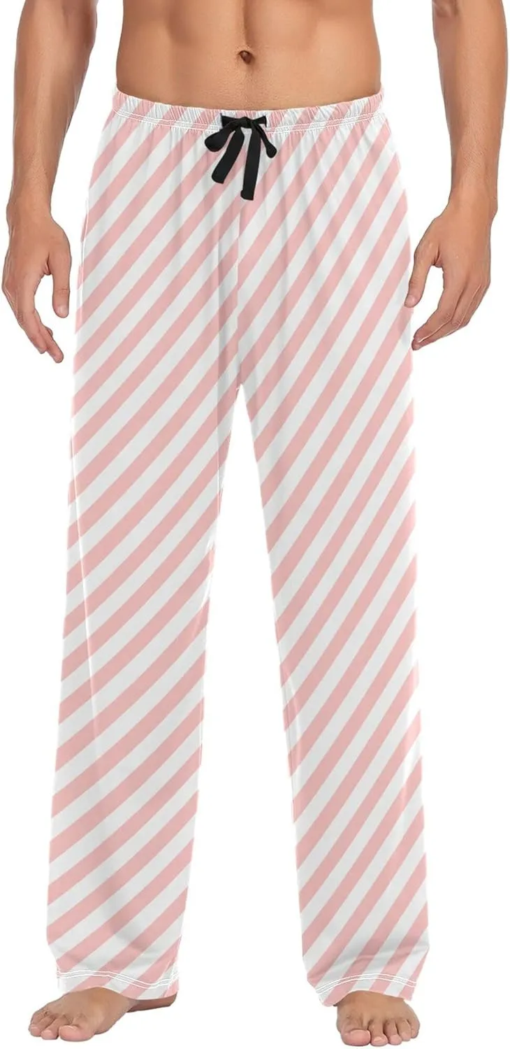 JUNZAN Pink White Twill Pajama Bottoms for Men with Pockets Warm Pyjama Pants Mens for Winter Xmas Presents S