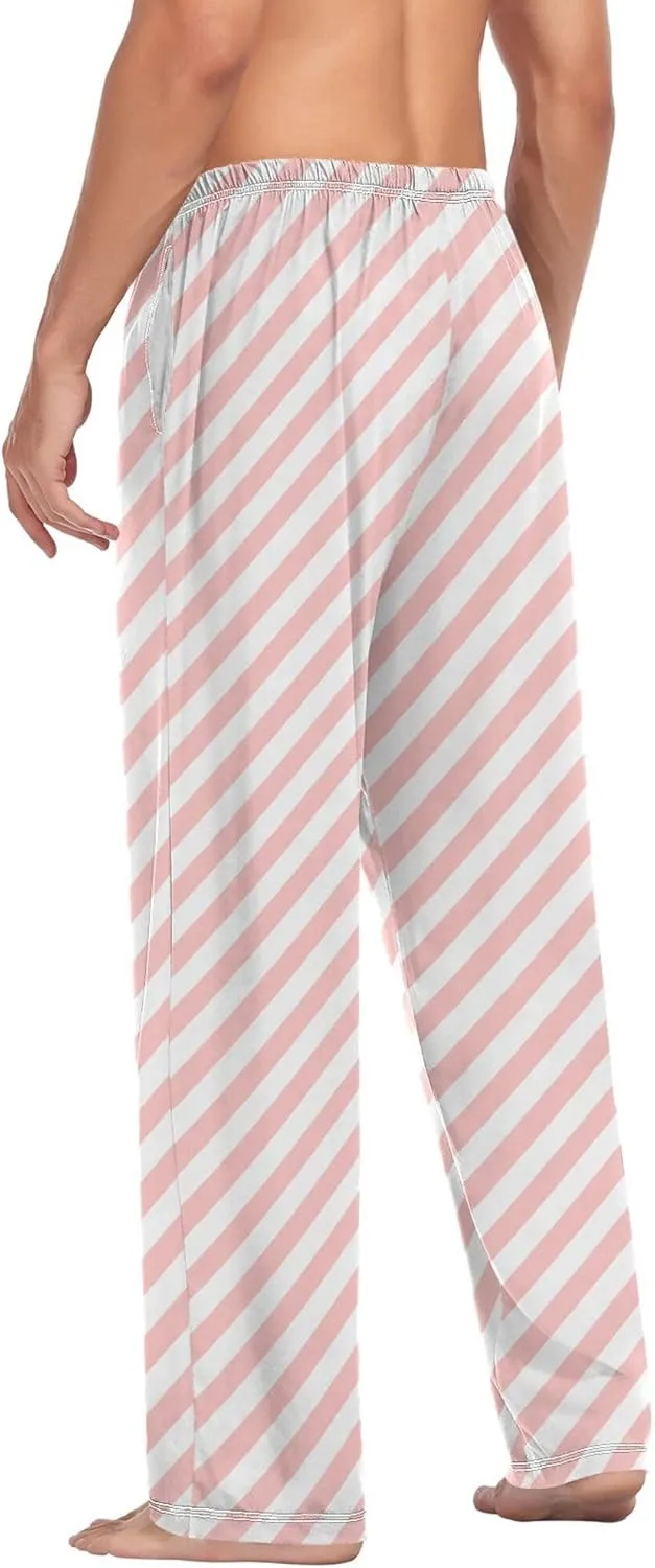 JUNZAN Pink White Twill Pajama Bottoms for Men with Pockets Warm Pyjama Pants Mens for Winter Xmas Presents S