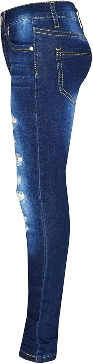 Kids Girls Denim Ripped Jeans Skinny Stretch Denim Pants Tight Hole Pocket Button Zipper Long Jeans 3-14 Years
