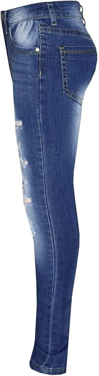 Kids Girls Denim Ripped Jeans Skinny Stretch Denim Pants Tight Hole Pocket Button Zipper Long Jeans 3-14 Years