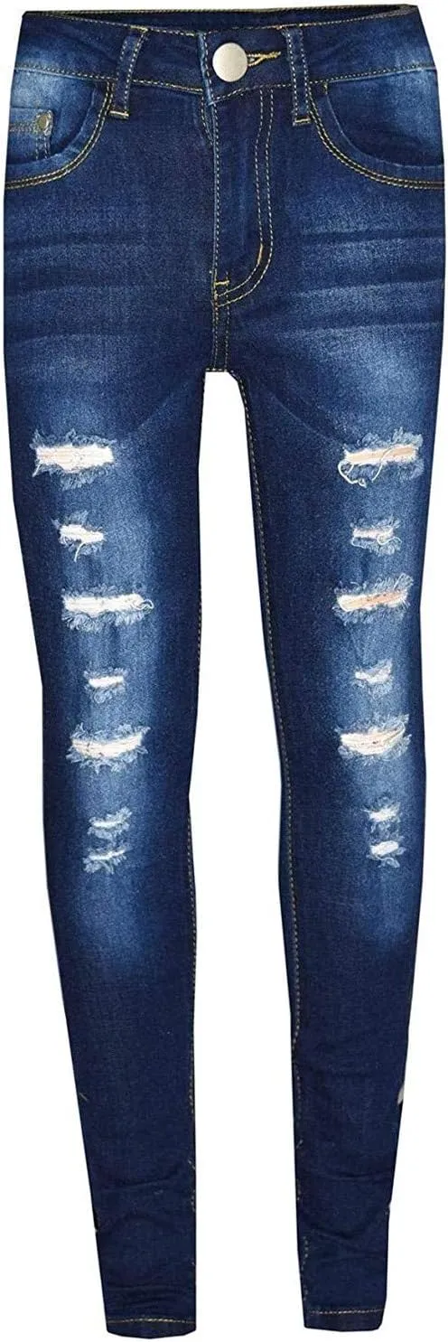 Kids Girls Denim Ripped Jeans Skinny Stretch Denim Pants Tight Hole Pocket Button Zipper Long Jeans 3-14 Years