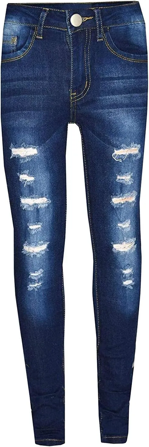Kids Girls Denim Ripped Jeans Skinny Stretch Denim Pants Tight Hole Pocket Button Zipper Long Jeans 3-14 Years