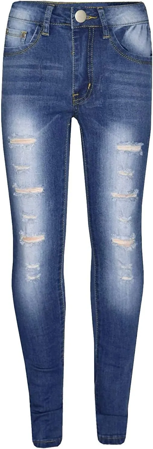 Kids Girls Denim Ripped Jeans Skinny Stretch Denim Pants Tight Hole Pocket Button Zipper Long Jeans 3-14 Years