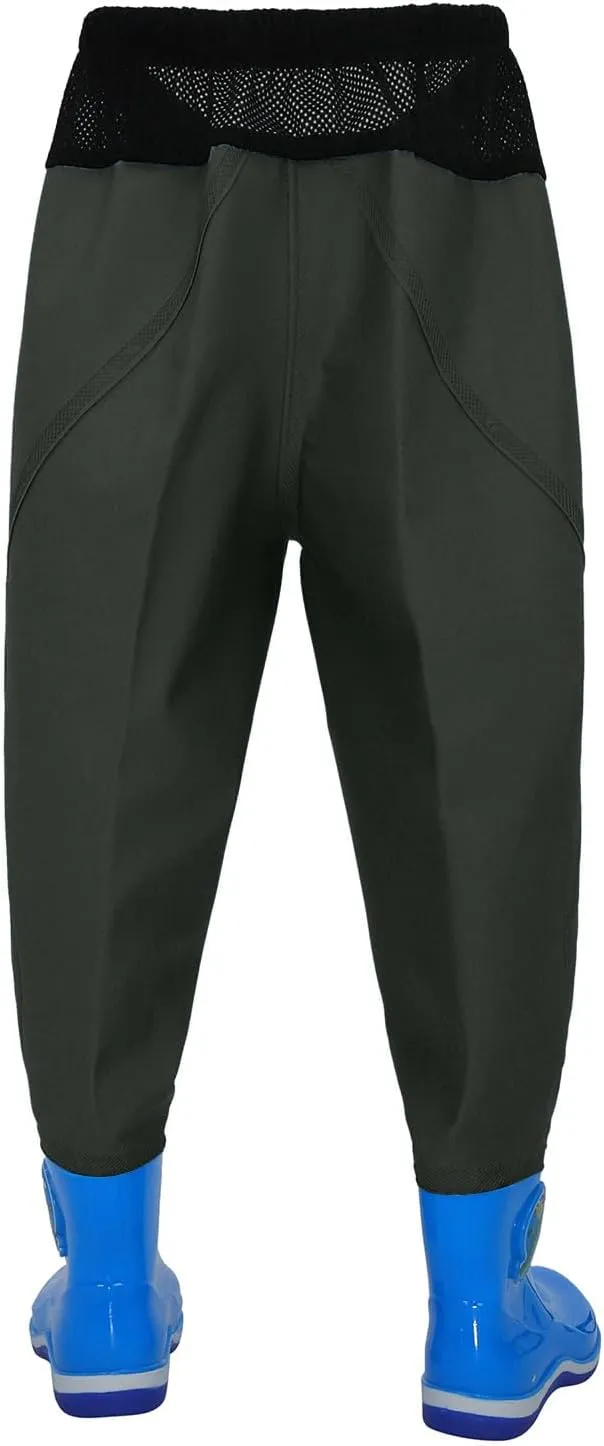 Kids Waterproof Pants Youth Fishing Elastic Waist Waders Rain Pants Drawstring Comfy Waders Trousers with Rain Boots