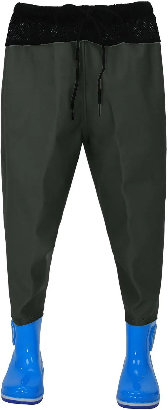 Kids Waterproof Pants Youth Fishing Elastic Waist Waders Rain Pants Drawstring Comfy Waders Trousers with Rain Boots
